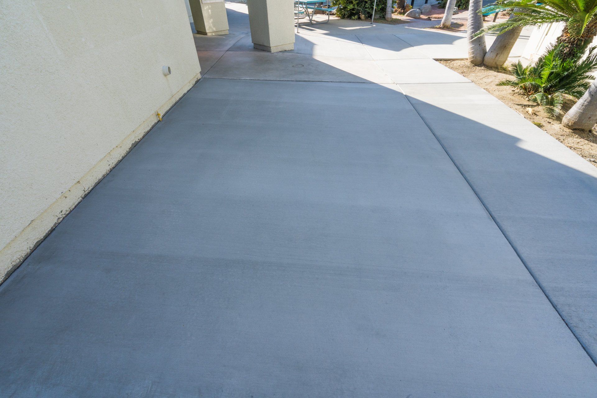 A concrete walkway leading to a house with palm trees in the background.