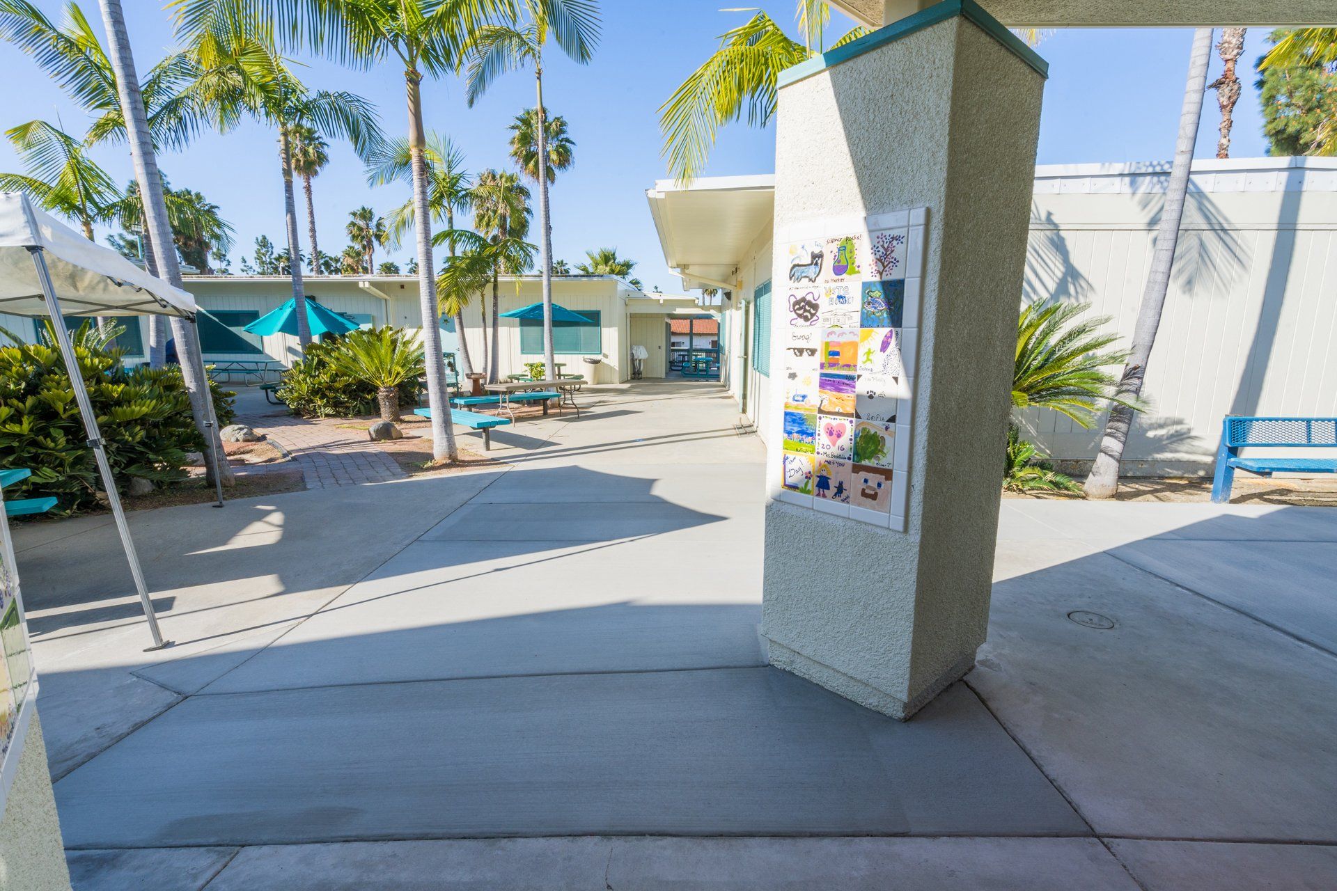 A concrete walkway leading to a building with palm trees in the background.