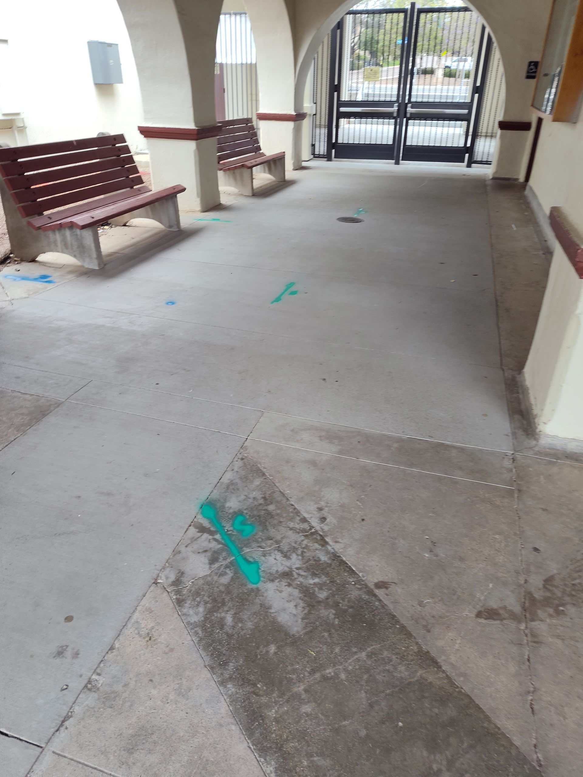A hallway with benches and a green arrow on the floor