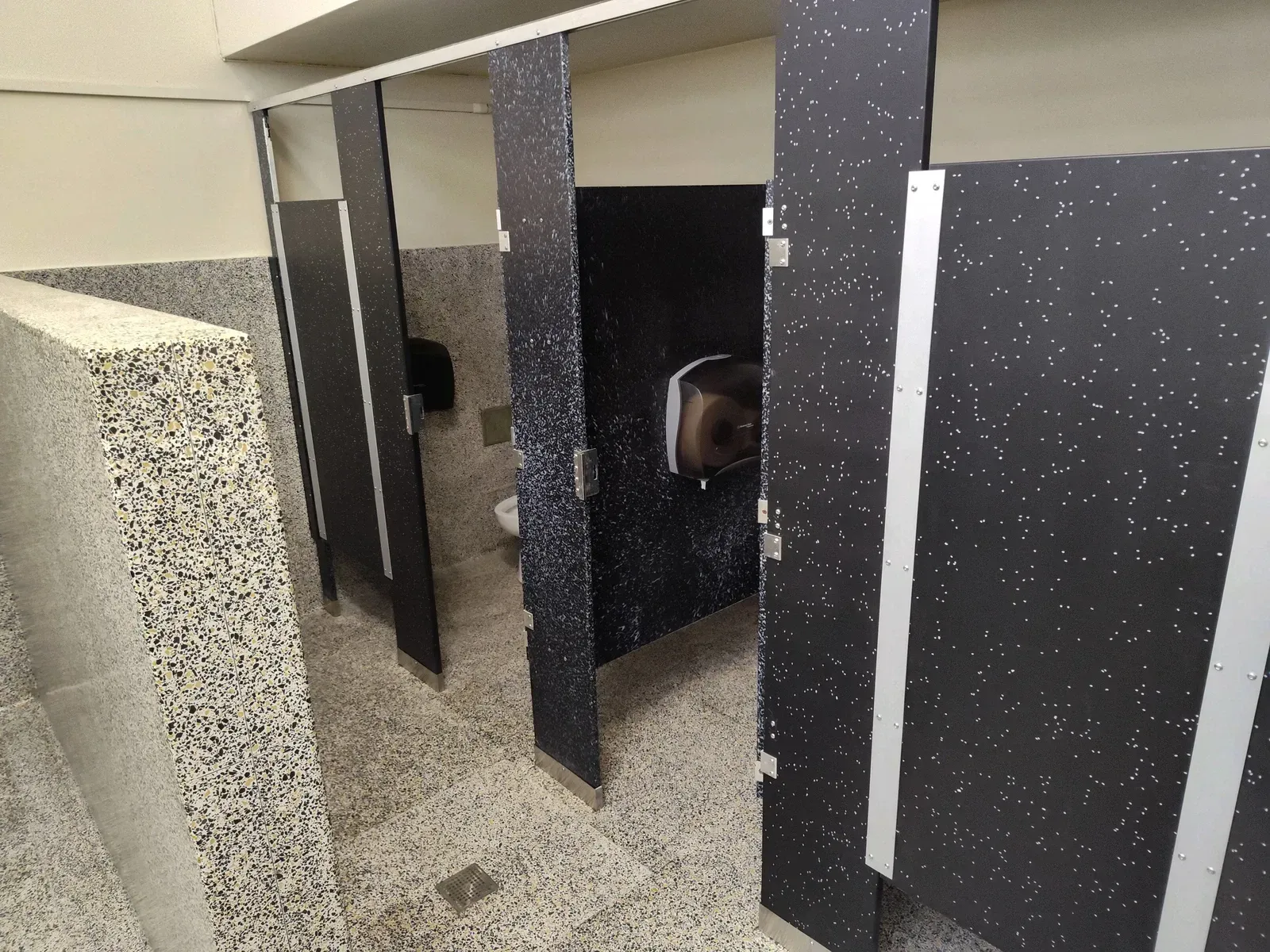 A public restroom with black and white cubicles and a toilet.