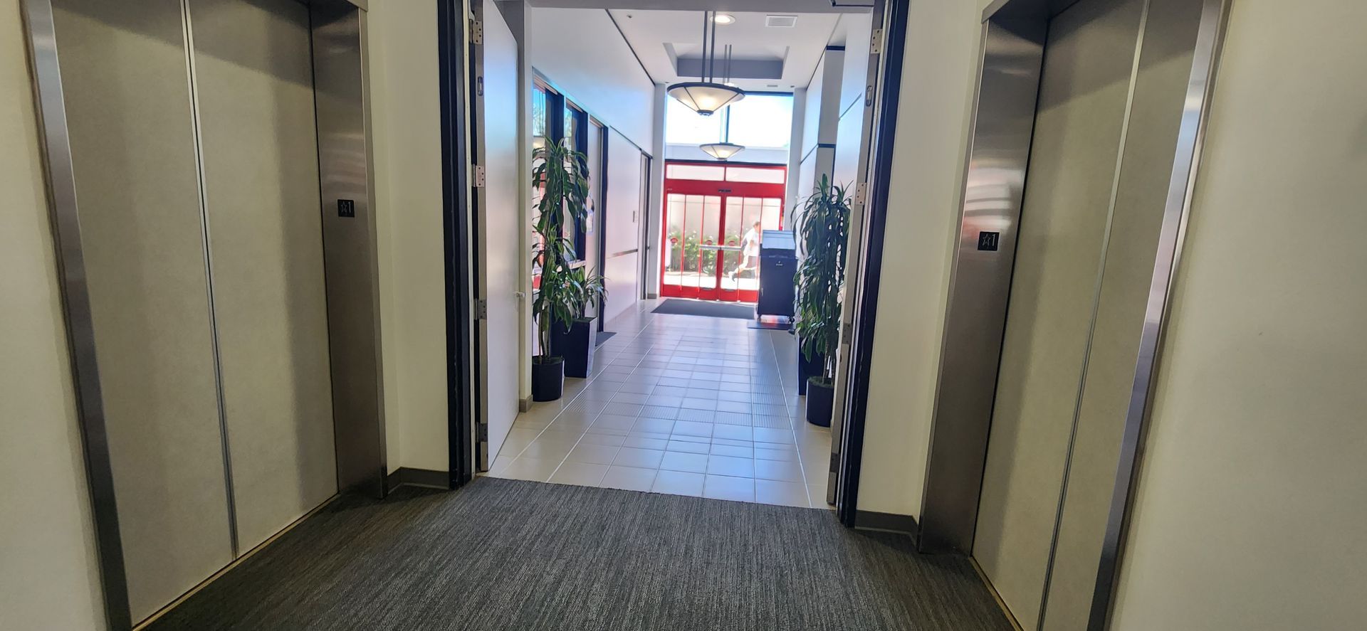 Office hallway with carpeted floor, plants, and a bright red glass door at the end
