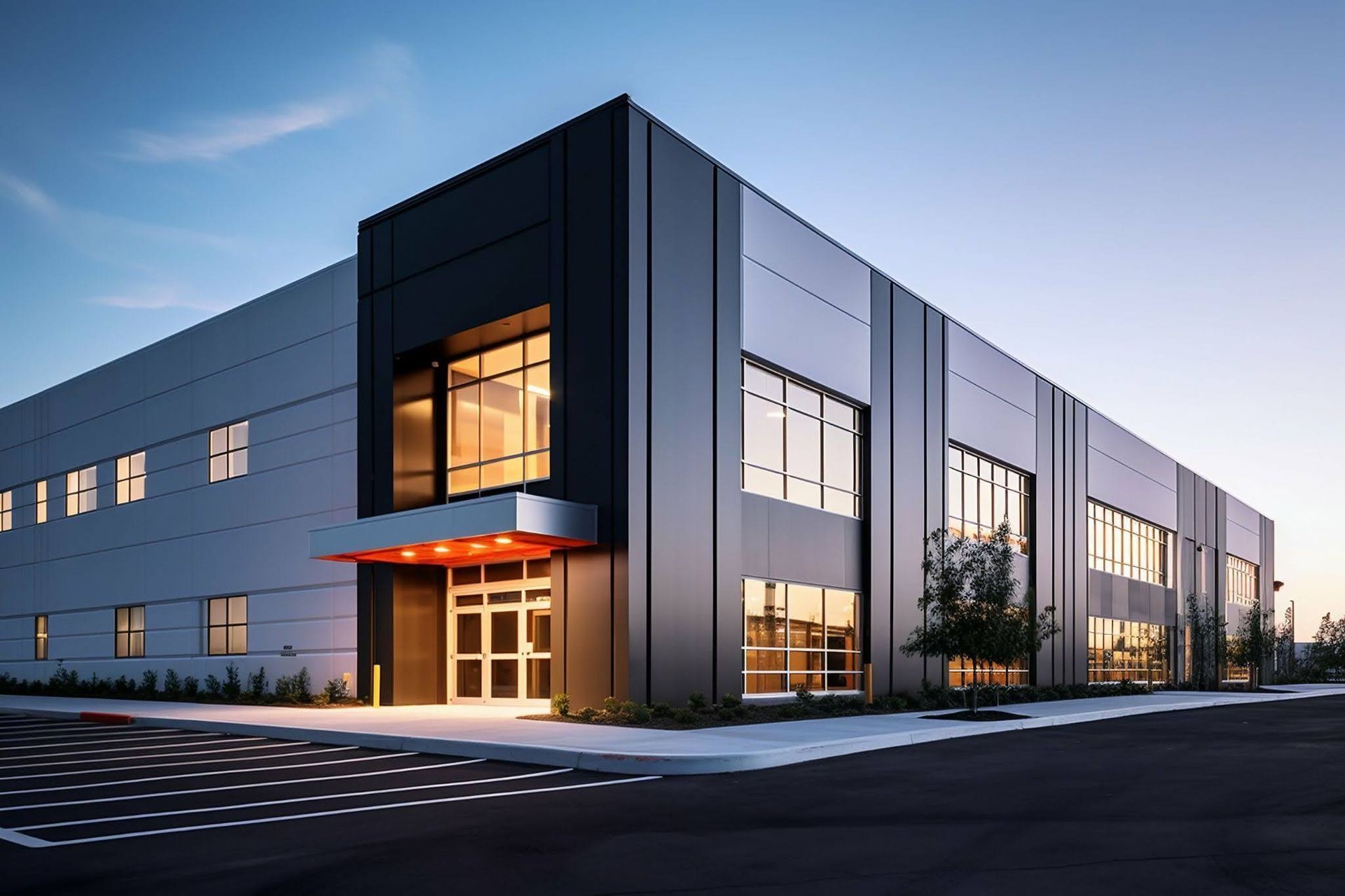 Modern warehouse building at dusk with lit glass entrance and exterior lights