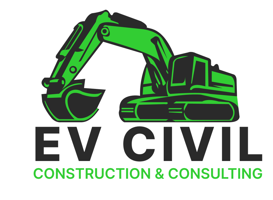The logo for ev civil construction and consulting has a green excavator on it.