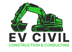 The logo for ev civil construction and consulting has a green excavator on it.