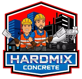 Logo with two construction workers, concrete mixer, buildings, and