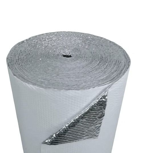Roll of reflective foil insulation; shiny silver and white material.