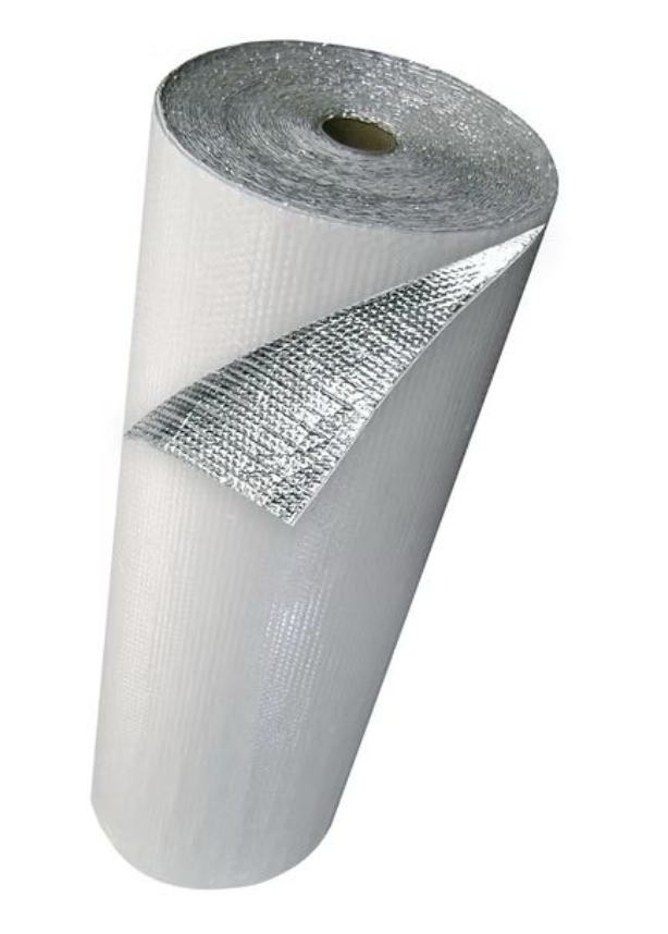 Roll of reflective foil insulation with silver and white layers.