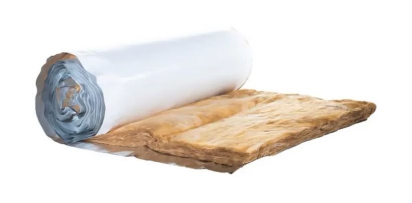 Roll of insulation with brown fibers and white wrapping.