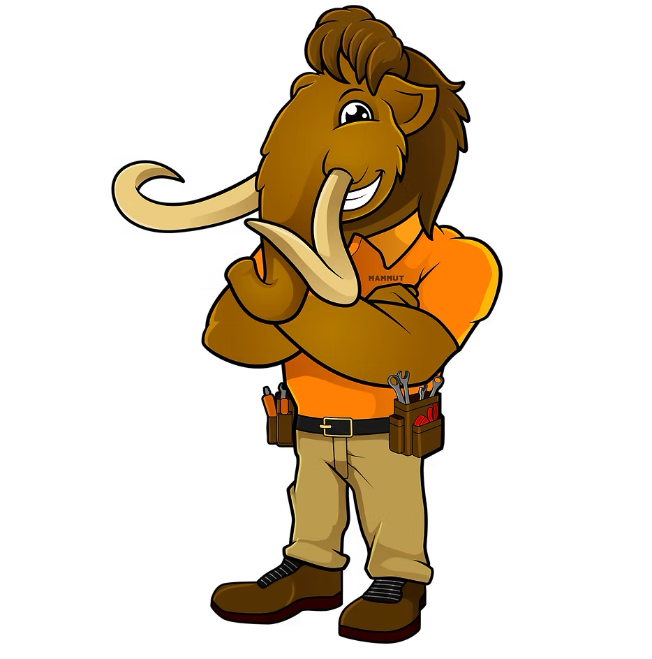 Cartoon mammoth in an orange shirt and tan pants, arms crossed, wearing a tool belt.