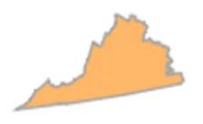 Map of the state of Virginia, outlined in gray, filled with orange.