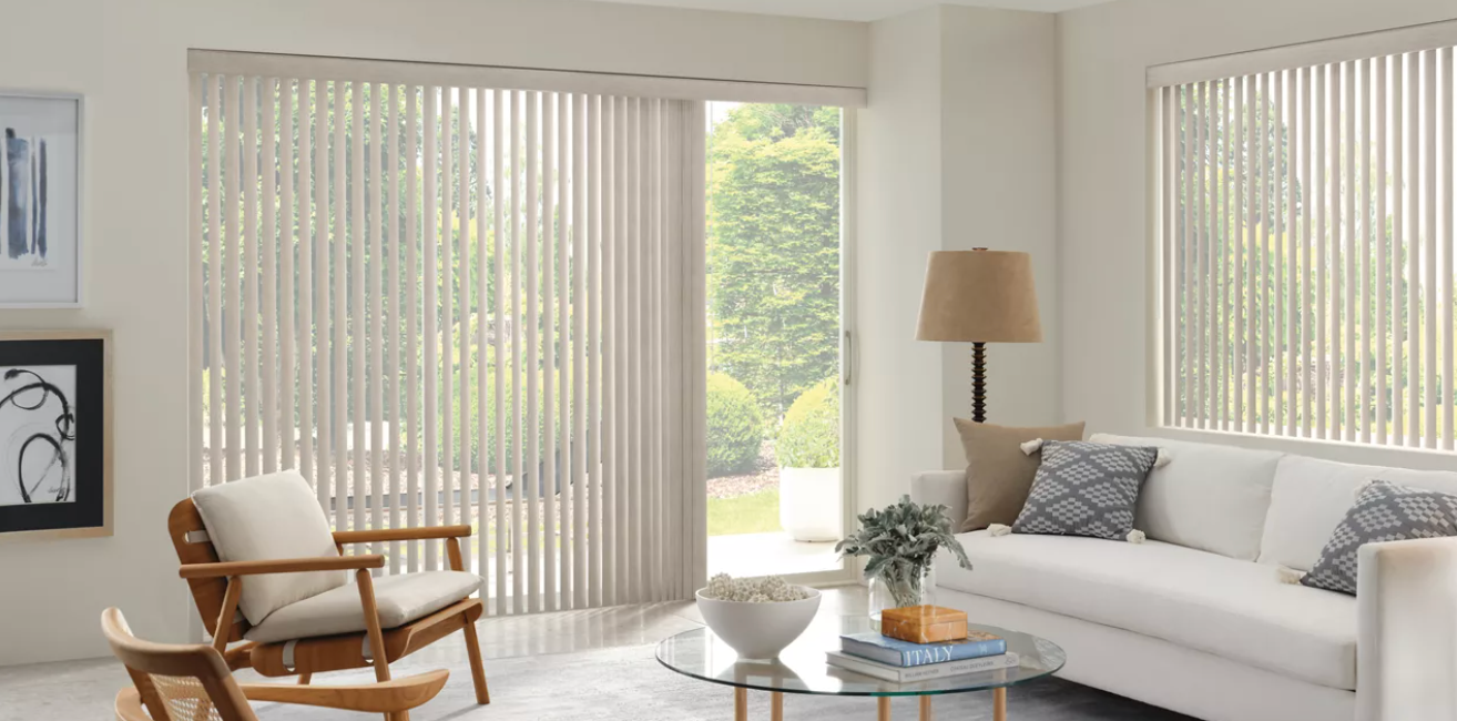 Hunter Douglas Somner® Vertical Blinds covering a large living room window.  