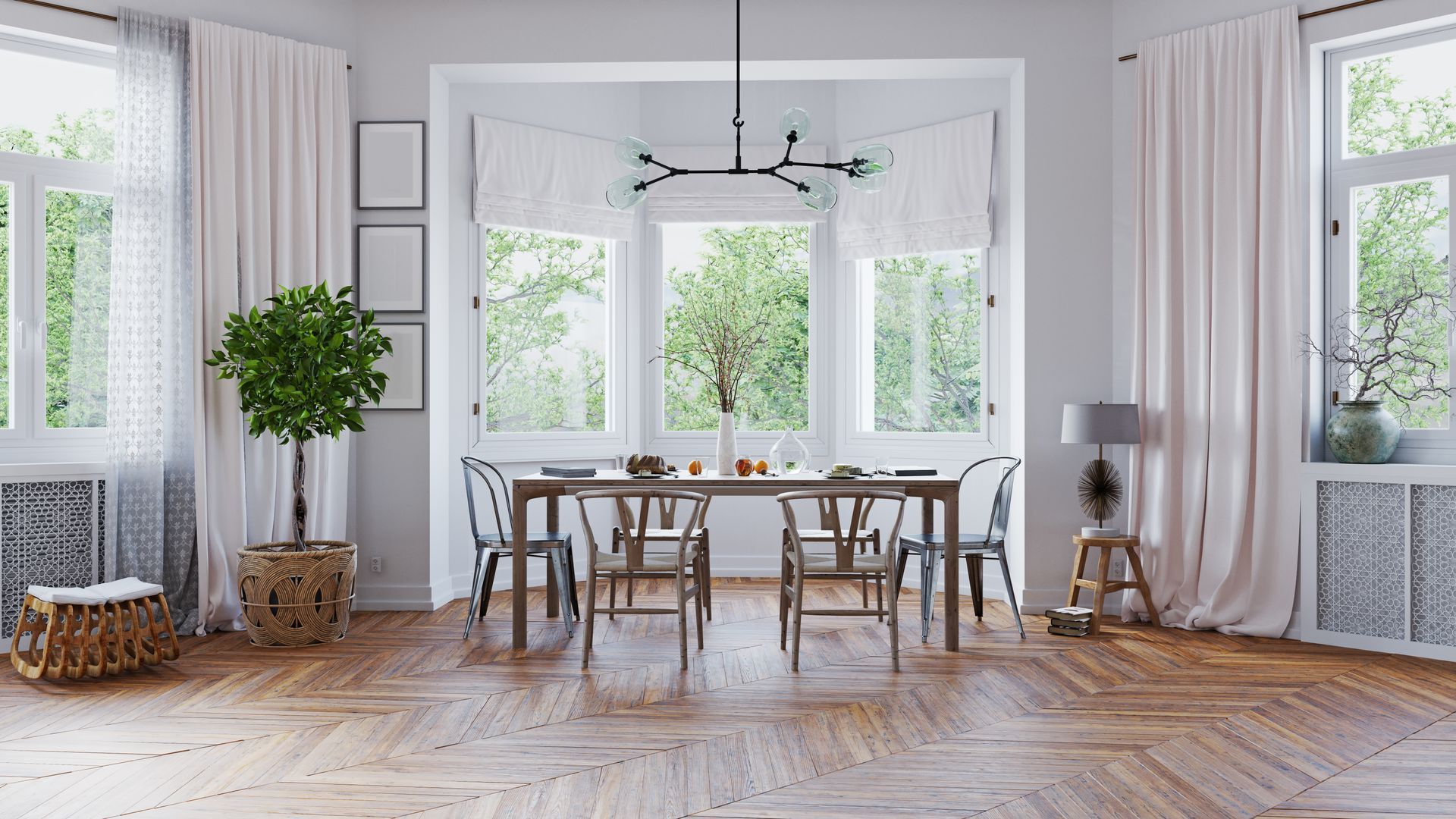Modern dining room with custom window shades and drapery covering the windows.
