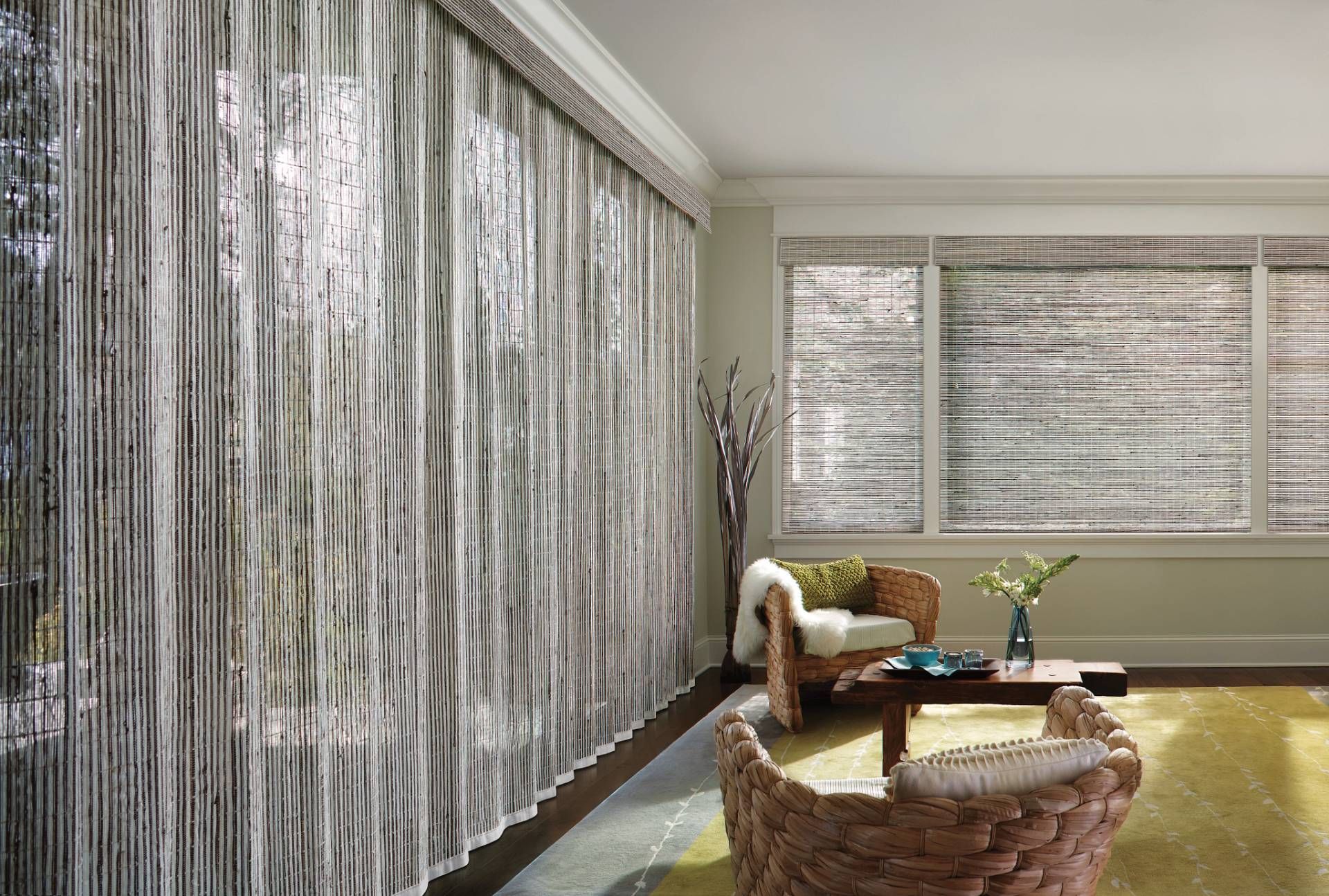 Hunter Douglas Provenance® Woven Wood Shades in a biophilic living room.