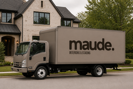 Maude moving truck parked outside a suburban house