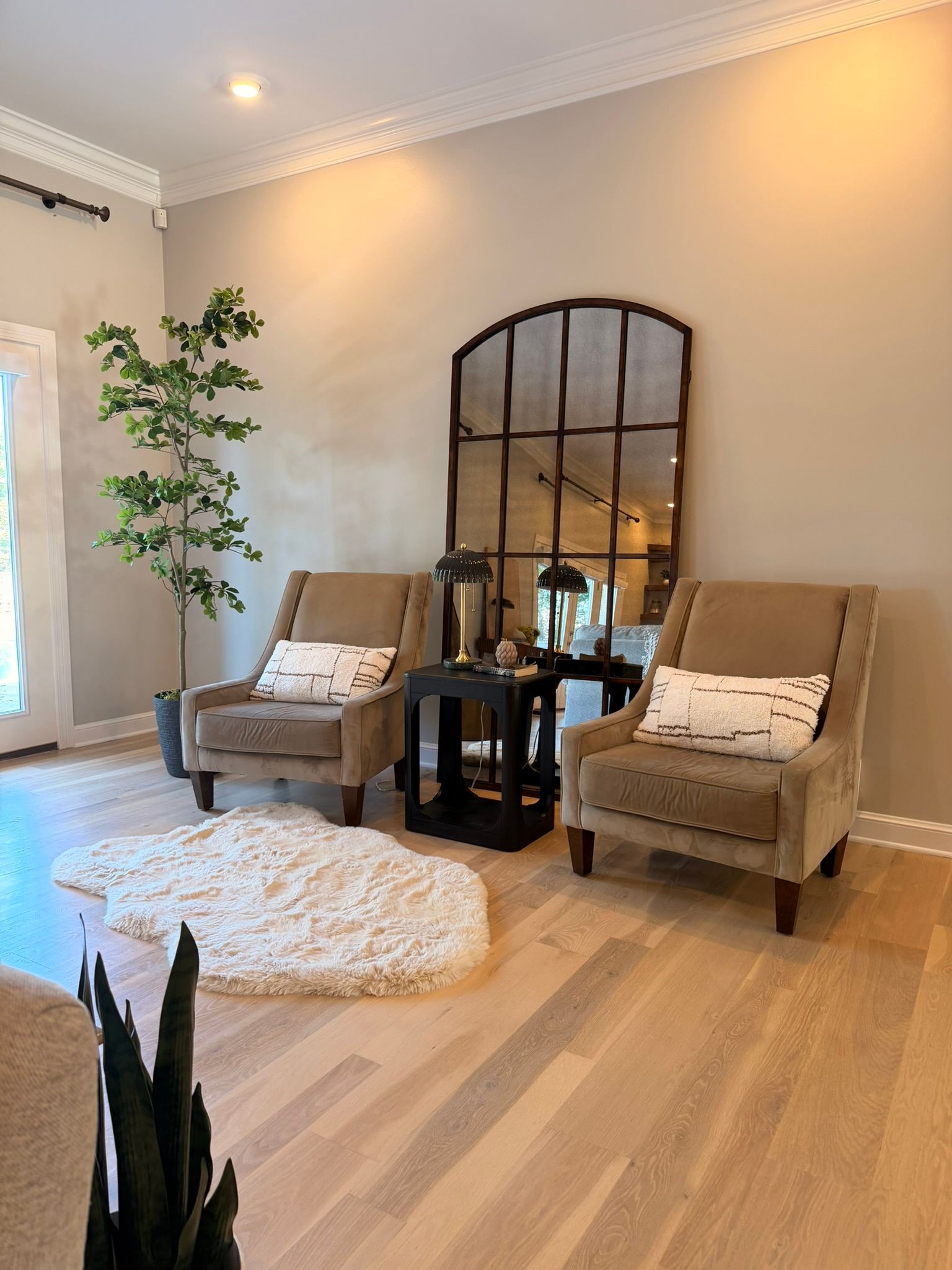 Cozy living room with two beige chairs, a round rug, arched mirror, lamp, and potted plant