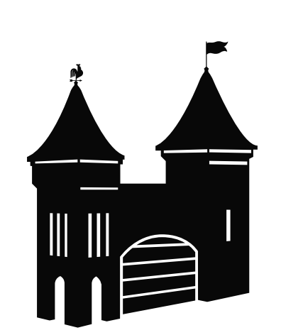 Une silhouette noire et blanche d'un château avec deux tours et un drapeau au sommet.
