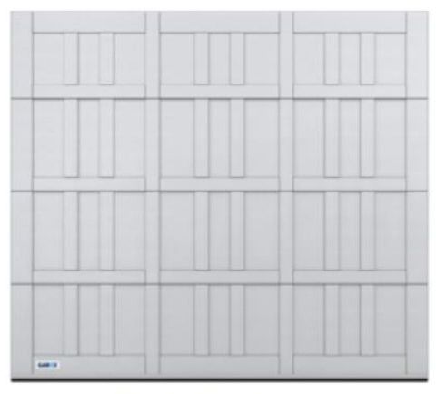 Une porte de garage blanche avec un motif de grille dessus