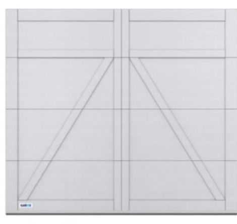 Une porte de garage blanche avec un motif géométrique dessus
