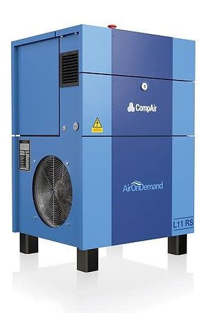 A blue air compressor is sitting on a white surface.