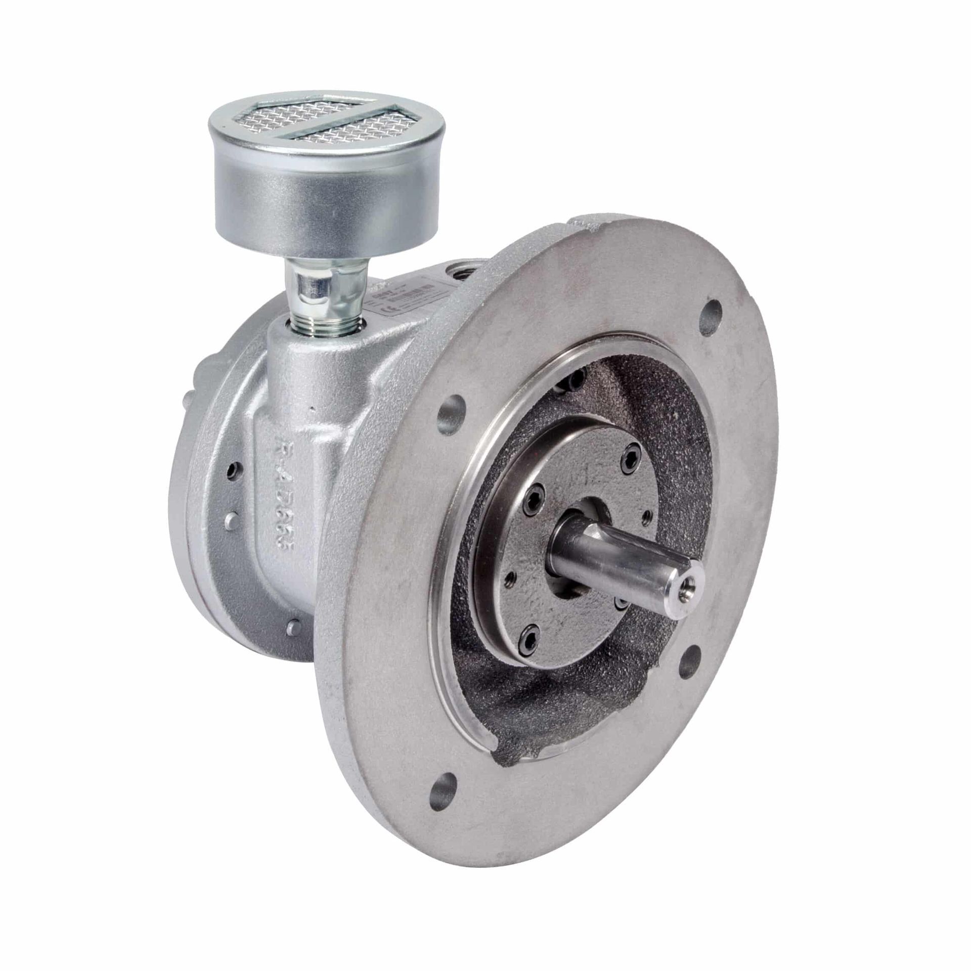 Grey industrial pump with a circular flange and shaft protruding.
