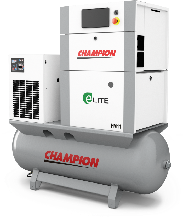 Champion FM18 air compressor, white and grey cabinet with control panel and emergency stop button.