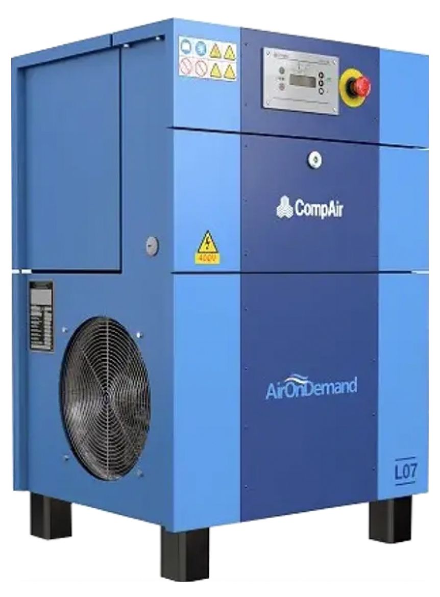 A blue CompAir air compressor with a fan on the side.
