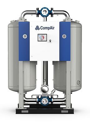 A blue and white CompAir air dryer with two tanks on a white background.