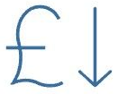 Pound sign with a downward arrow, drawn in blue on a white background, denoting cost reduction.