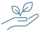 An icon of anopen palm with two leaves coming outwards. Drawn in bue with a white background. Denotes looking after the environment.