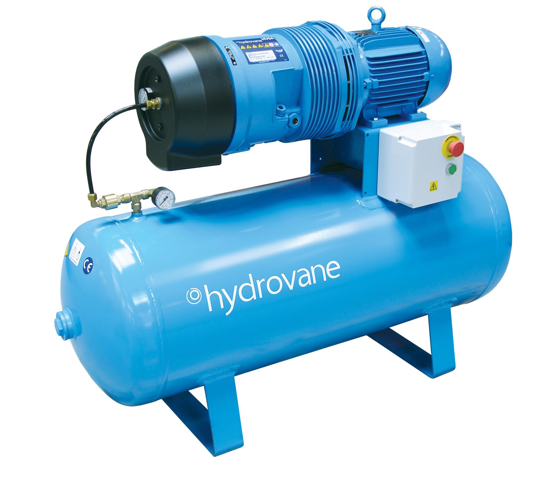 A blue hydrovane air compressor mounted on an air tank