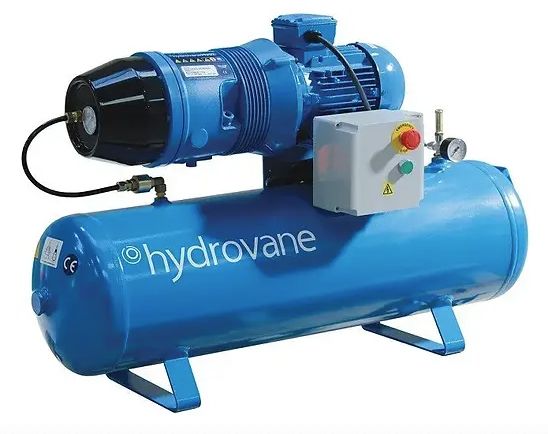 A blue hydrovane air compressor on a white background