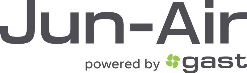 Dark grey Jun-Air logo on white background with green fan icon