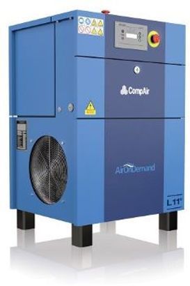 A blue CompAir air compressor is sitting on a white surface.