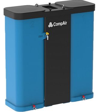 A blue and black container with the word compair on it.