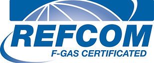 A blue and white logo for refcom f-gas certificated