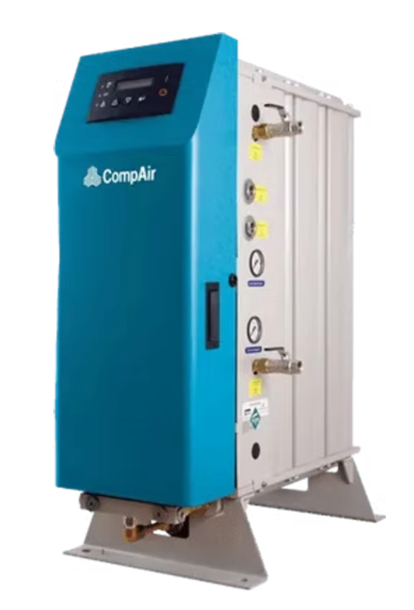 A blue and white nitrogen gas generator machine is sitting on a stand