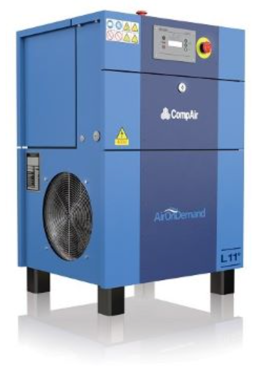 A blue air compressor is sitting on a white surface.
