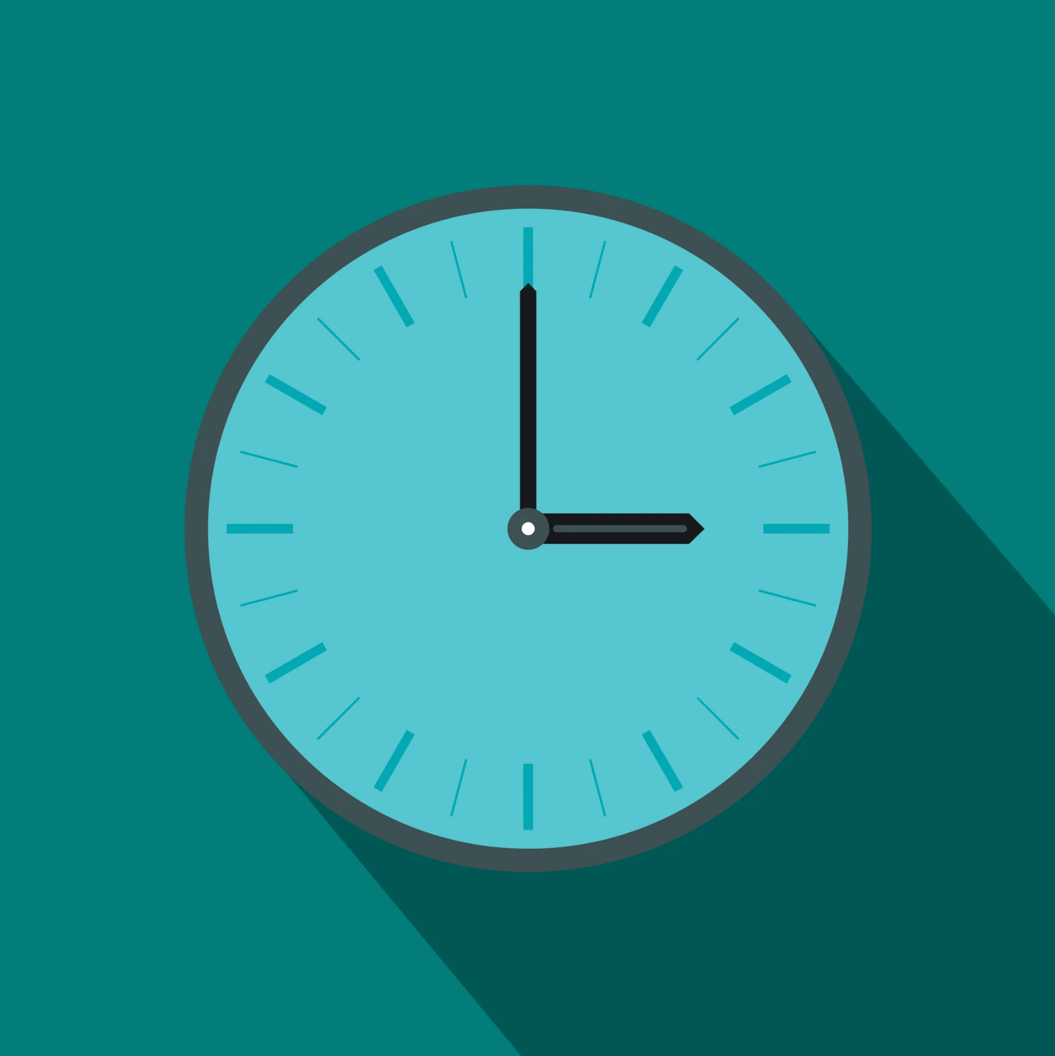 A blue clock with a long shadow on a green background