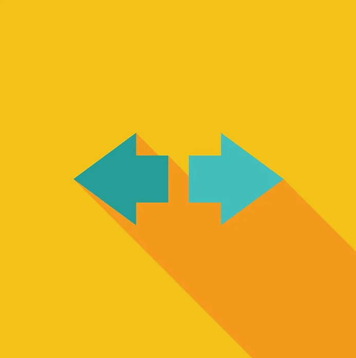 Two arrows pointing in opposite directions with a long shadow on a yellow background.
