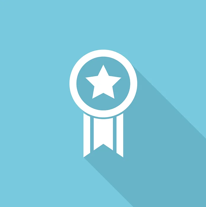 A white medal with a star in the center and a long shadow on a blue background.
