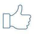 Thumbs up icon drawn with a blue outline on a white background. Denotes  convenience and compliance.