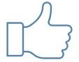 Thumbs up icon drawn with a blue outline on a white background. Denotes  convenience and compliance.