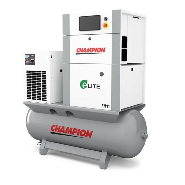 White Champion Elite industrial air compressor with gray tank and control panel on a white background