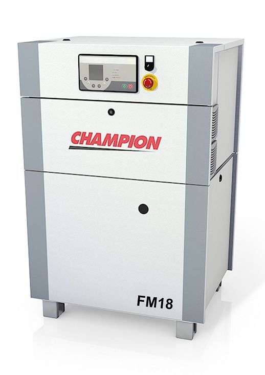 Champion FM18 air compressor, white and grey cabinet with control panel and emergency stop button.