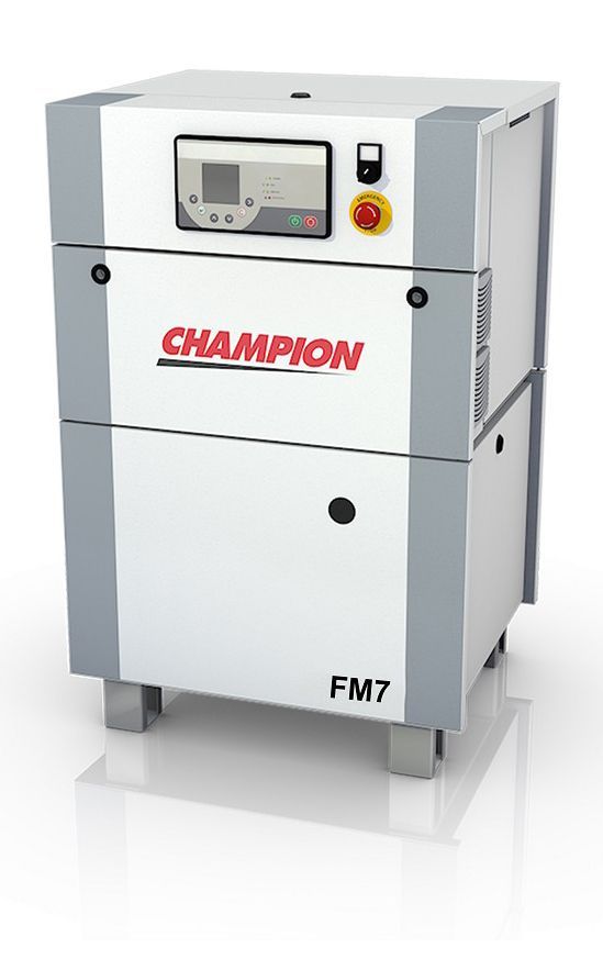 Champion FM7 air compressor, white and grey cabinet, red logo, control panel, and emergency stop button.