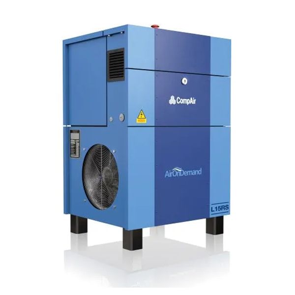 Blue industrial air compressor unit on black legs with a front fan and control panel.