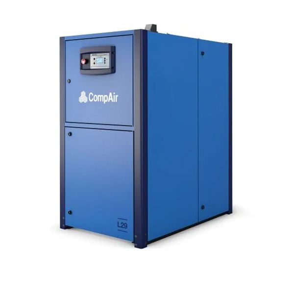 Blue CompAir industrial air compressor cabinet with control panel and logo