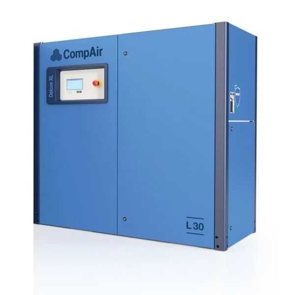 Blue CompAir industrial machine with display panel on a white background