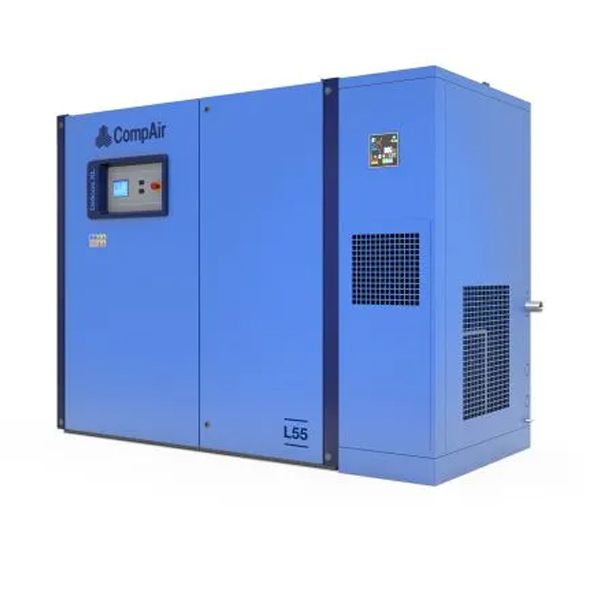 Blue industrial air compressor unit with control panel and ventilation grilles