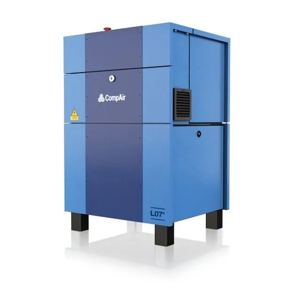 Blue industrial compressor unit with vents and black legs on a white background